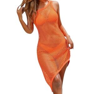Fishnet Mesh Swimsuit Cover Up Womens Size M Orange One Shoulder Beach Clubwear